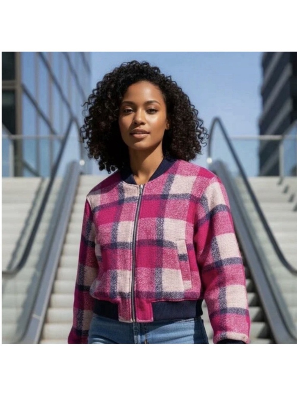 House Of Harlow 1960 Wool Plaid Pink and Blue Cropped Bomber Jacket